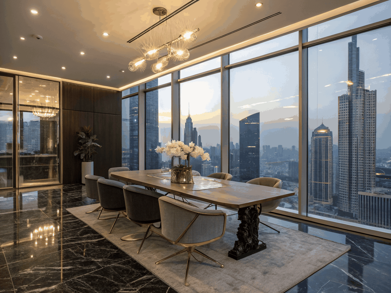 Contemporary Dining Study: A hosting concept exploring furniture scale, light and a connection with nearby rooms