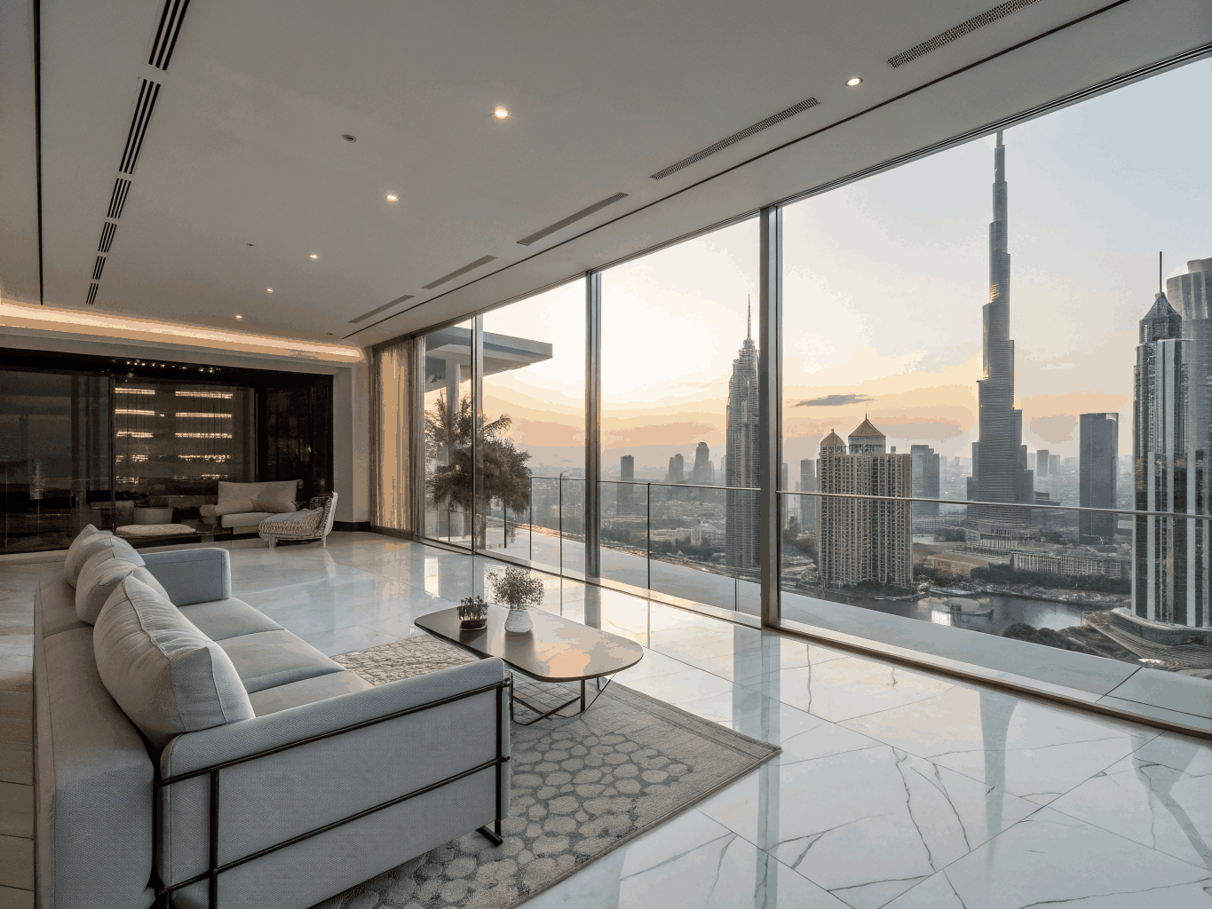 Warm contemporary living room with natural light and neutral furnishings
