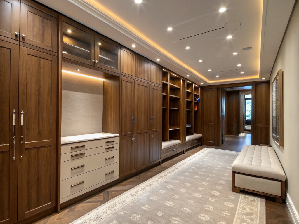 Custom joinery and fitted storage in warm timber