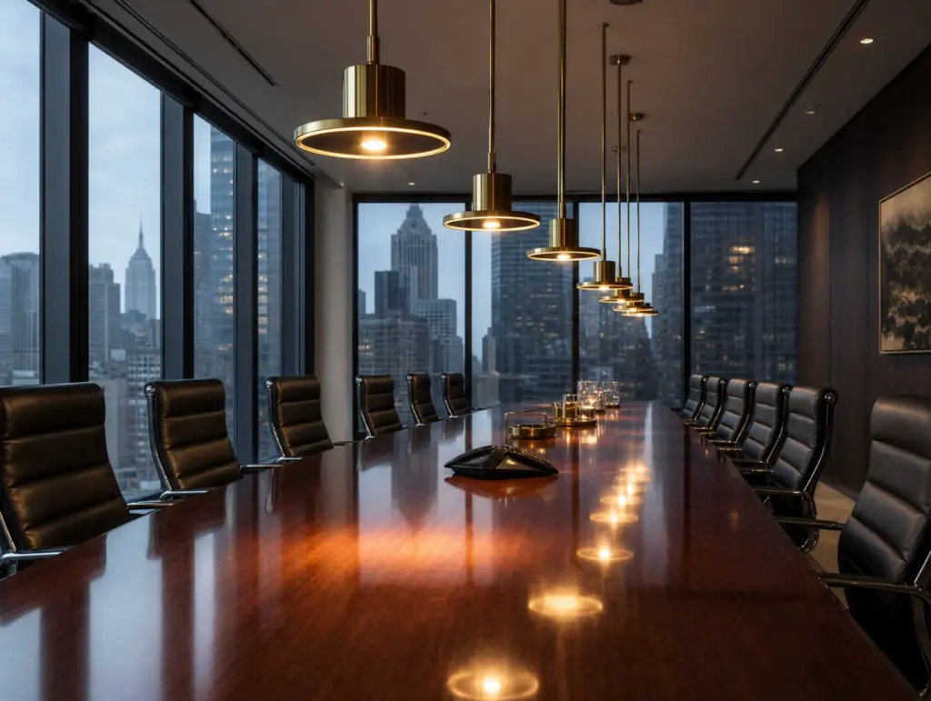Focused Meeting Space: A visual study of a calm meeting environment with a connected finish palette