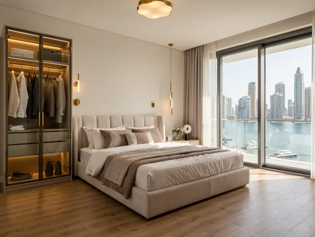 Urban Bedroom Retreat: A bedroom study combining soft texture, considered lighting and fitted storage