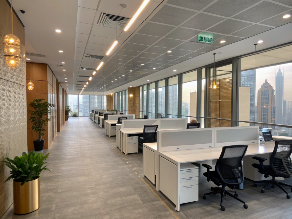 Modern office workspace with meeting area